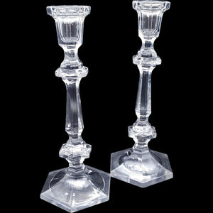 10" Vintage Lead Crystal Tall Hexagonal Base Candlestick Holders Pair