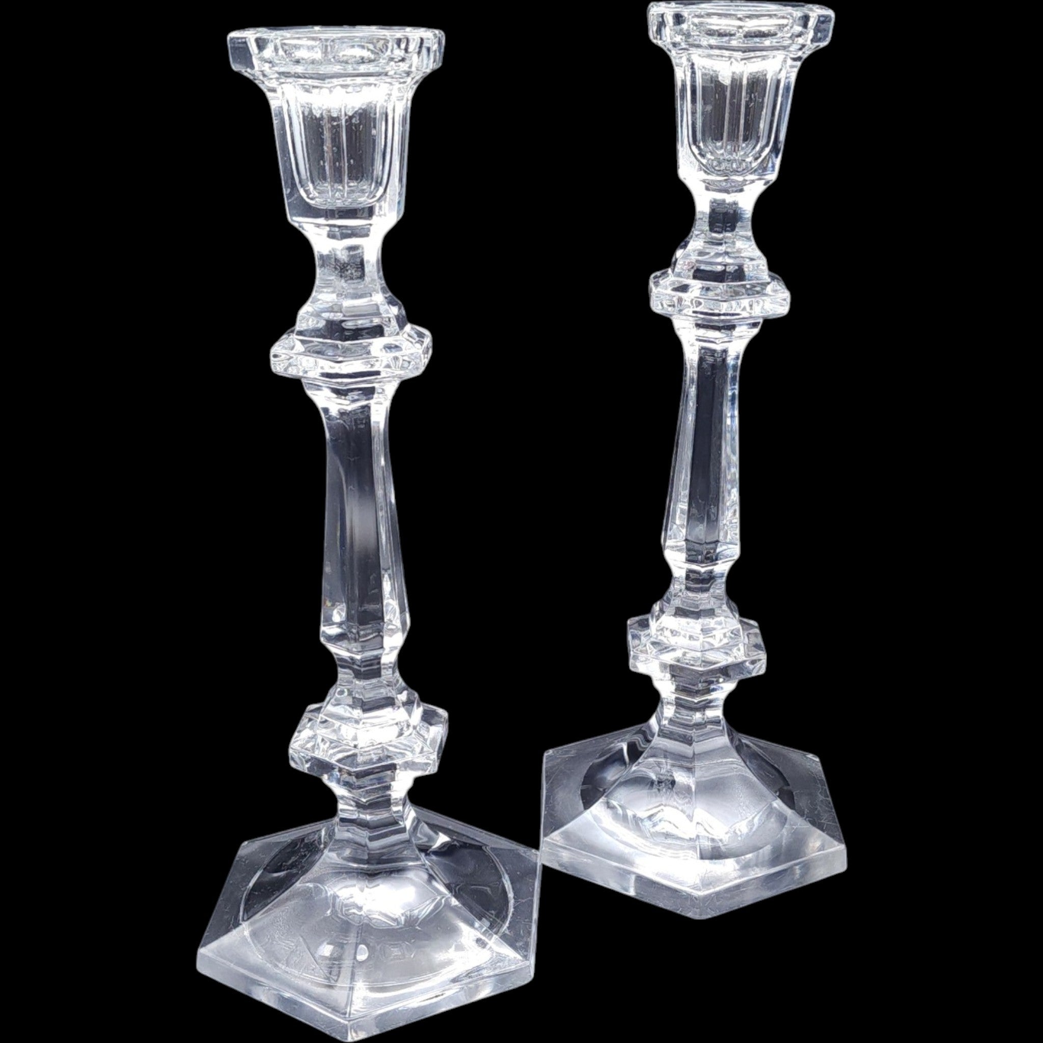 10" Vintage Lead Crystal Tall Hexagonal Base Candlestick Holders Pair
