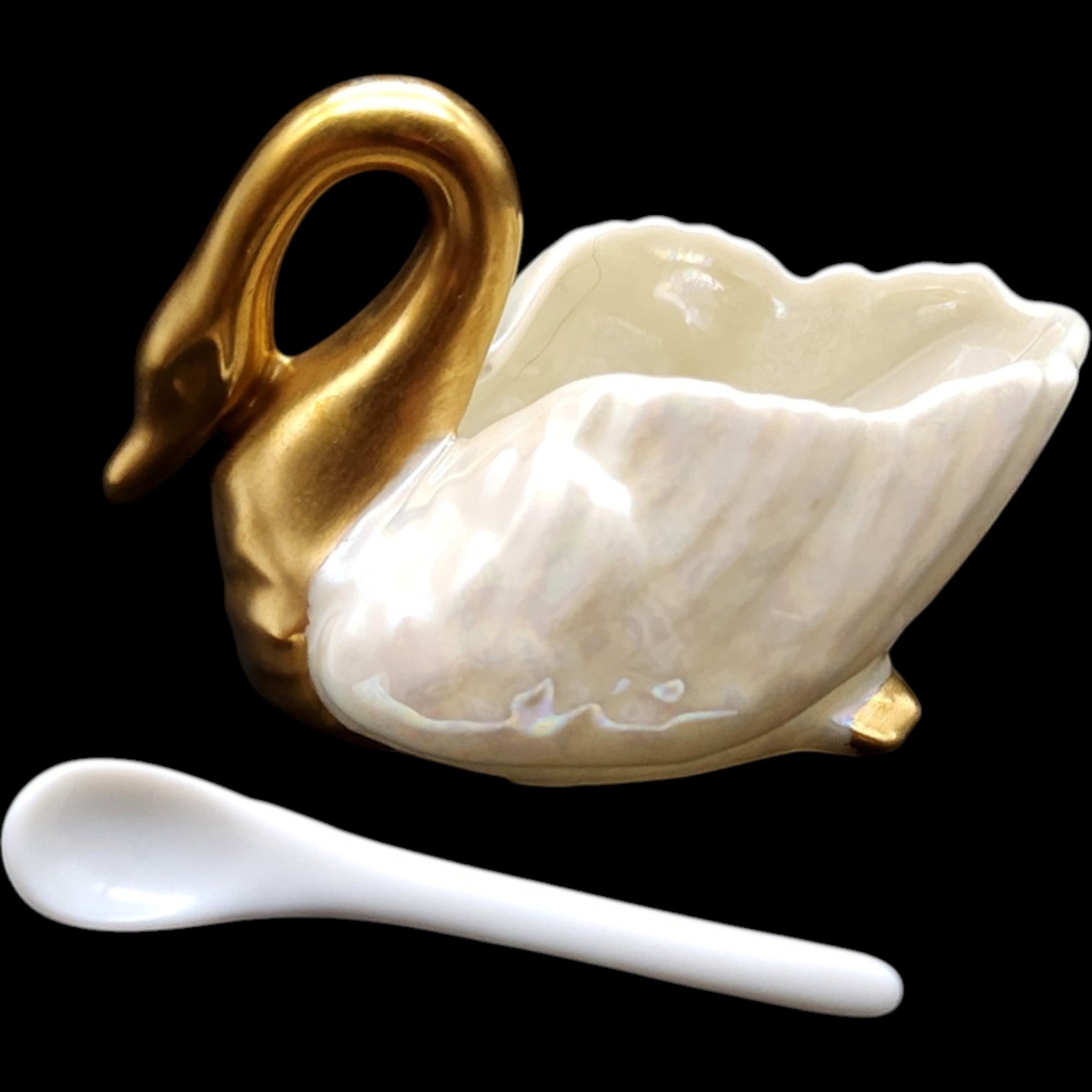 Vintage Lenox Belleek Lusterware Gold Swan Open Salt Cellar Dish with Spoon