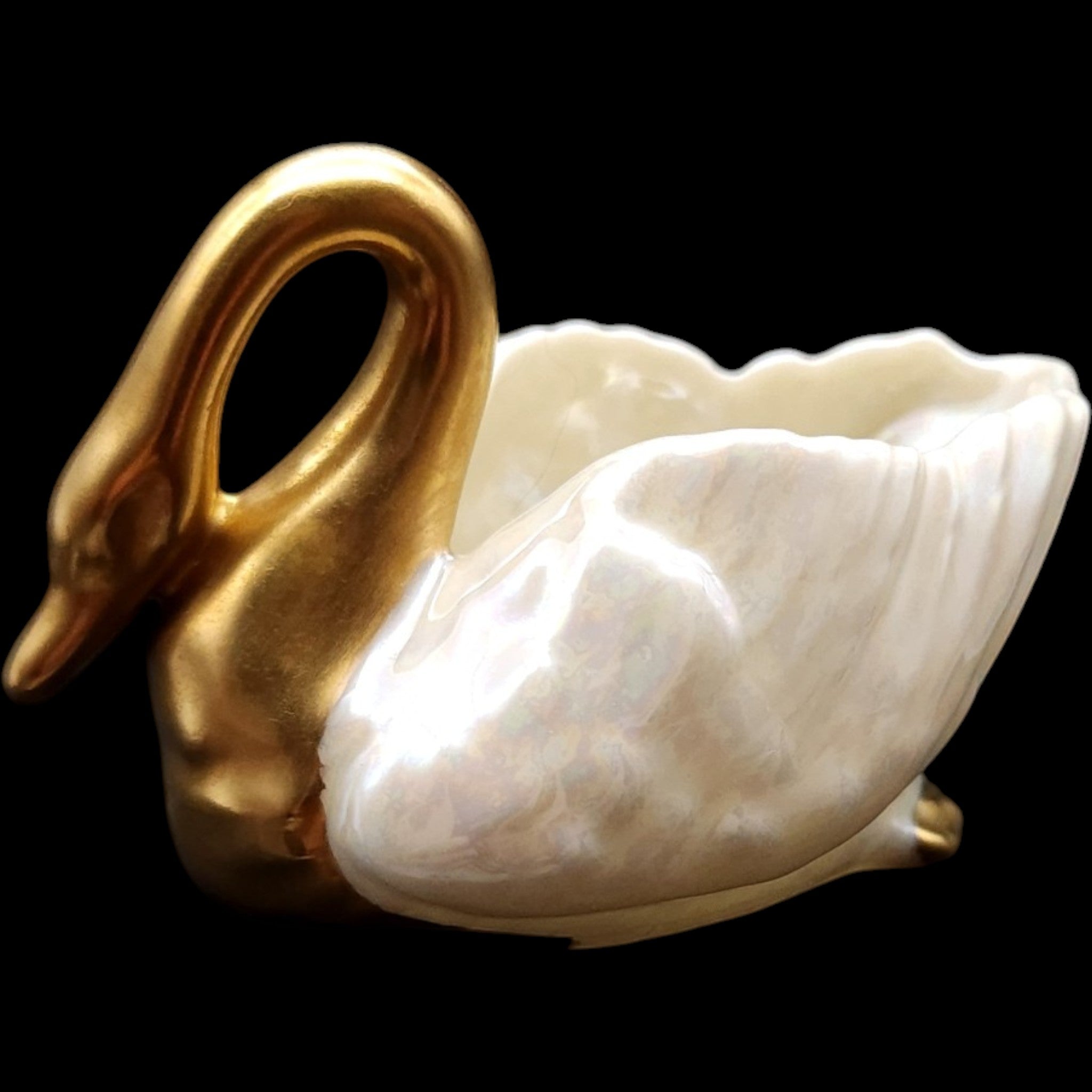 Vintage Lenox Belleek Lusterware Gold Swan Open Salt Cellar Dish with Spoon