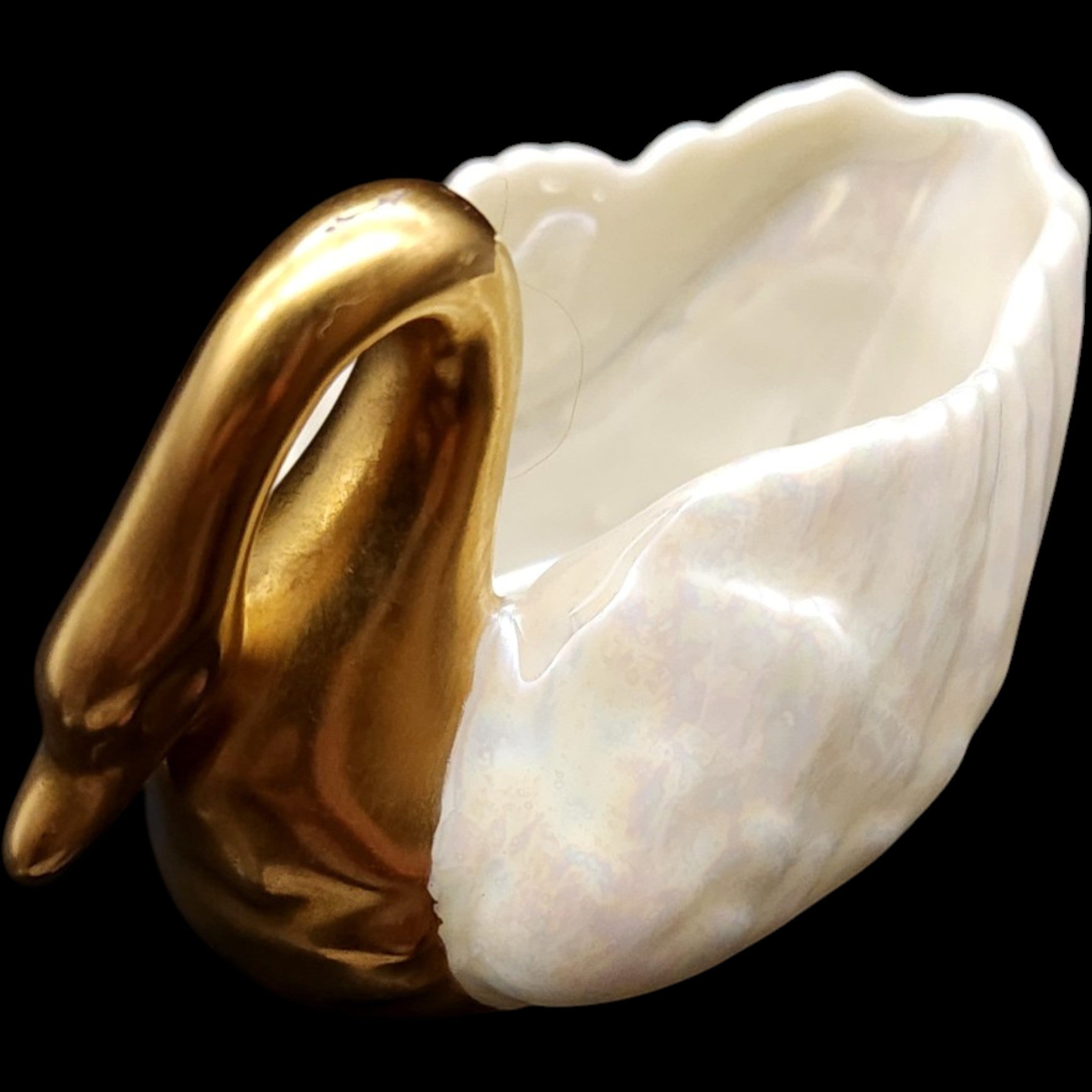 Vintage Lenox Belleek Lusterware Gold Swan Open Salt Cellar Dish with Spoon