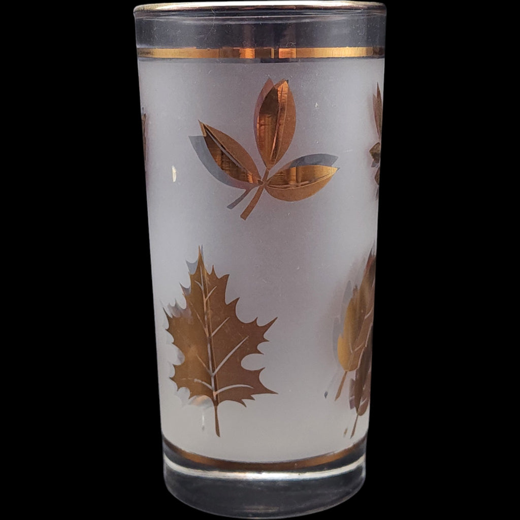 Vintage Libbey Golden Foliage Frosted Tumbler Glasses with Metal Caddy Set of 8