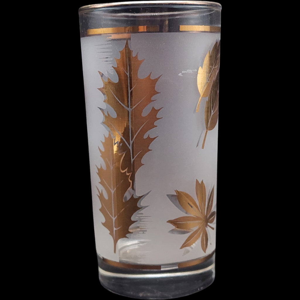 Vintage Libbey Golden Foliage Frosted Tumbler Glasses with Metal Caddy Set of 8