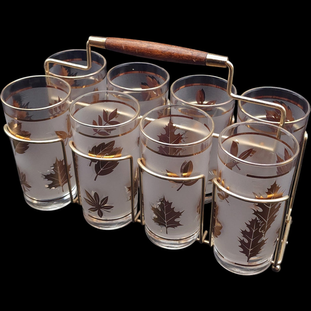 Vintage Libbey Golden Foliage Frosted Tumbler Glasses with Metal Caddy Set of 8