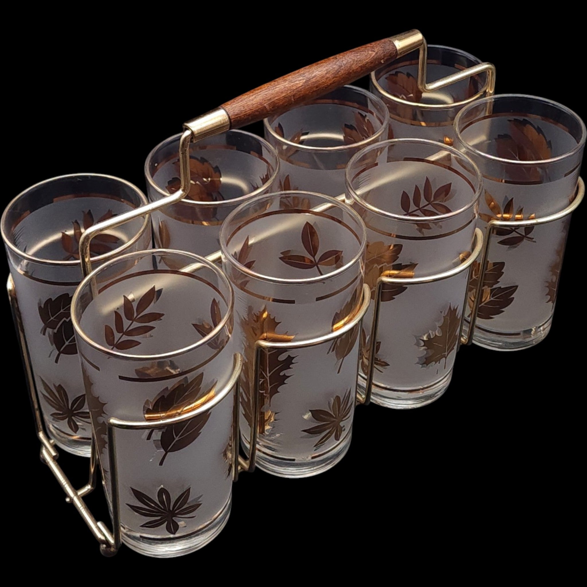 Vintage Libbey Golden Foliage Frosted Tumbler Glasses with Metal Caddy Set of 8
