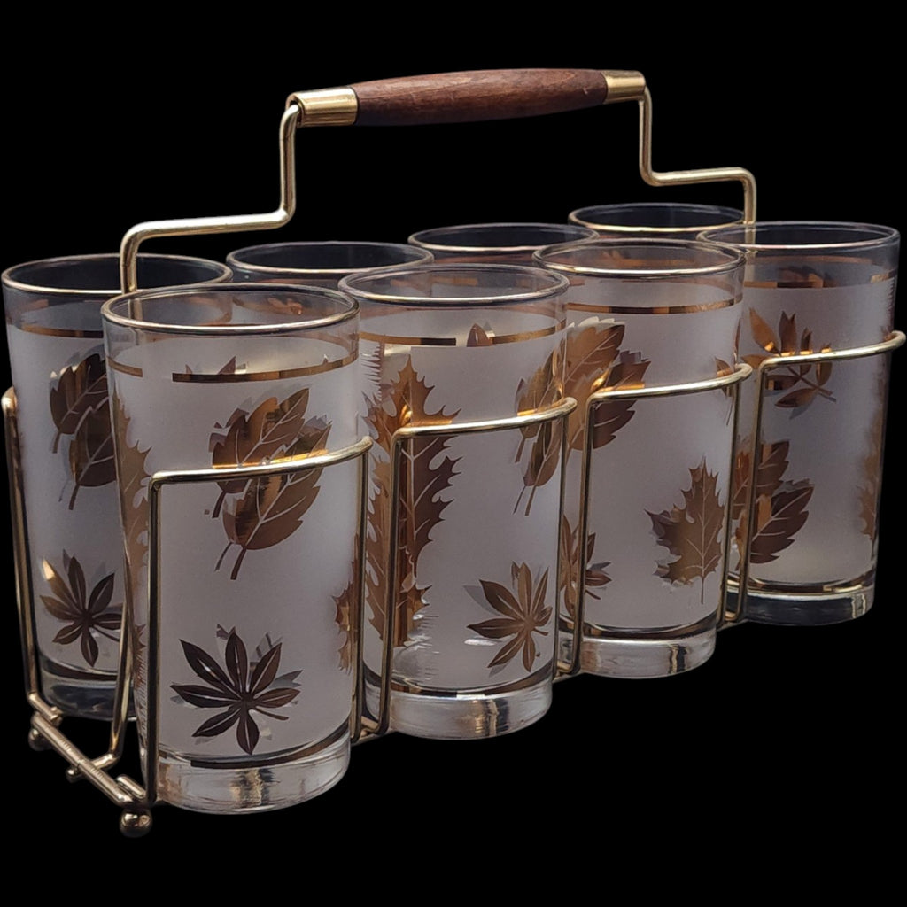 Vintage Libbey Golden Foliage Frosted Tumbler Glasses with Metal Caddy Set of 8