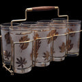Vintage Libbey Golden Foliage Frosted Tumbler Glasses with Metal Caddy Set of 8