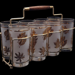 Vintage Libbey Golden Foliage Frosted Tumbler Glasses with Metal Caddy Set of 8