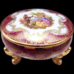 Vintage Limoges France Porcelain Footed Trinket Box - Fragonard Courting Couple