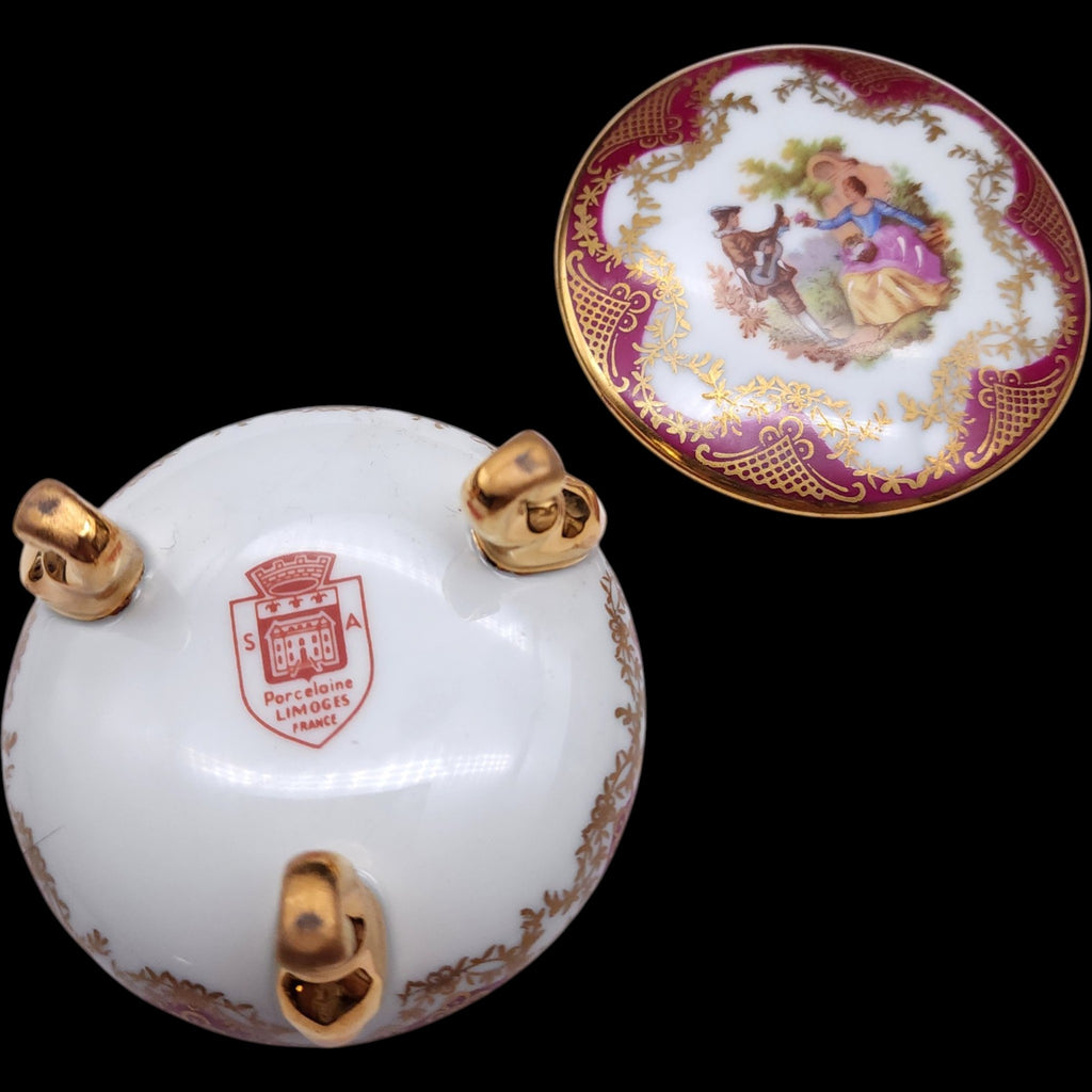 Vintage Limoges France Porcelain Footed Trinket Box - Fragonard Courting Couple