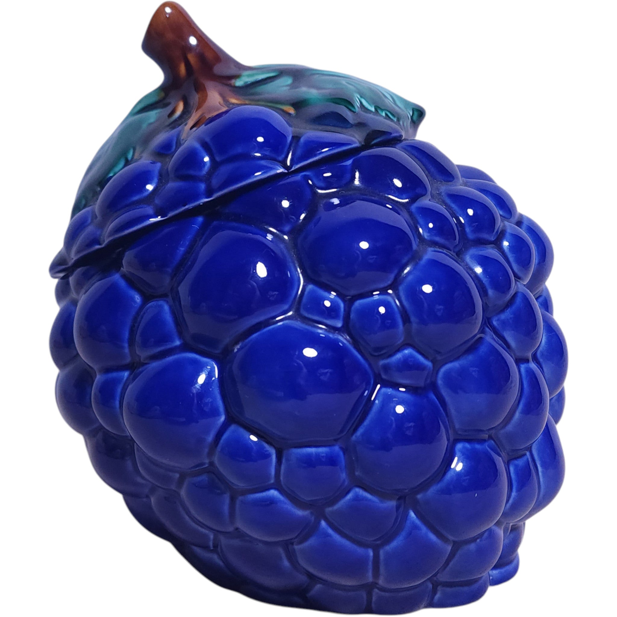 Vintage Majolica Style Cobalt Blue Grape Lidded Ceramic Jar