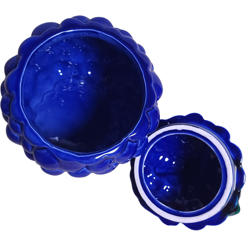 Vintage Majolica Style Cobalt Blue Grape Lidded Ceramic Jar