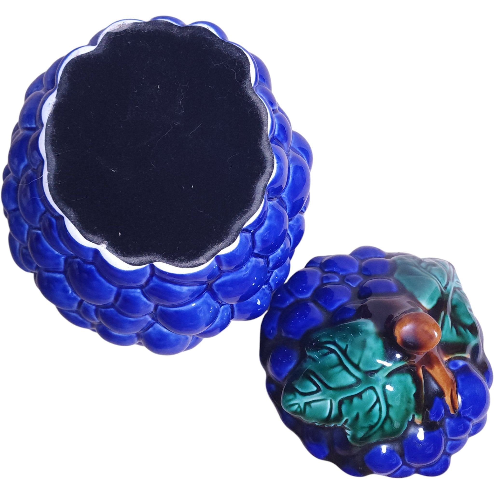 Vintage Majolica Style Cobalt Blue Grape Lidded Ceramic Jar