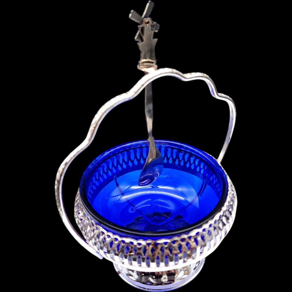 Vintage Mayell English Cobalt Glass Sugar Jam Dish with Silverplate Basket & Spoon