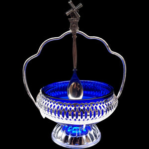 Vintage Mayell English Cobalt Glass Sugar Jam Dish with Silverplate Basket & Spoon