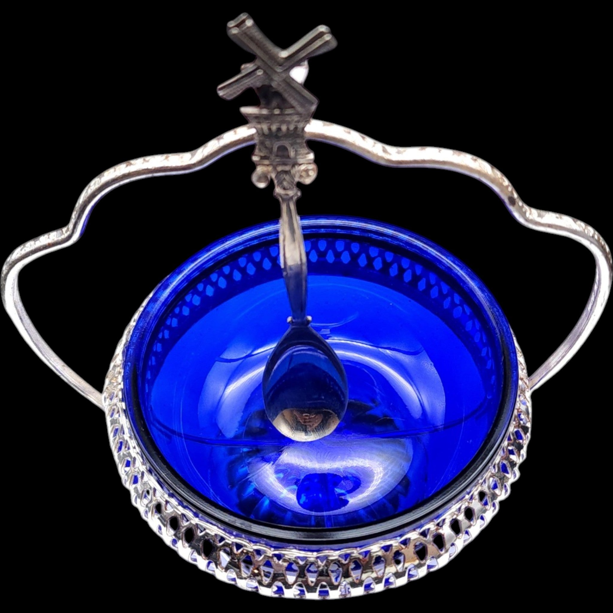 Vintage Mayell English Cobalt Glass Sugar Jam Dish with Silverplate Basket & Spoon
