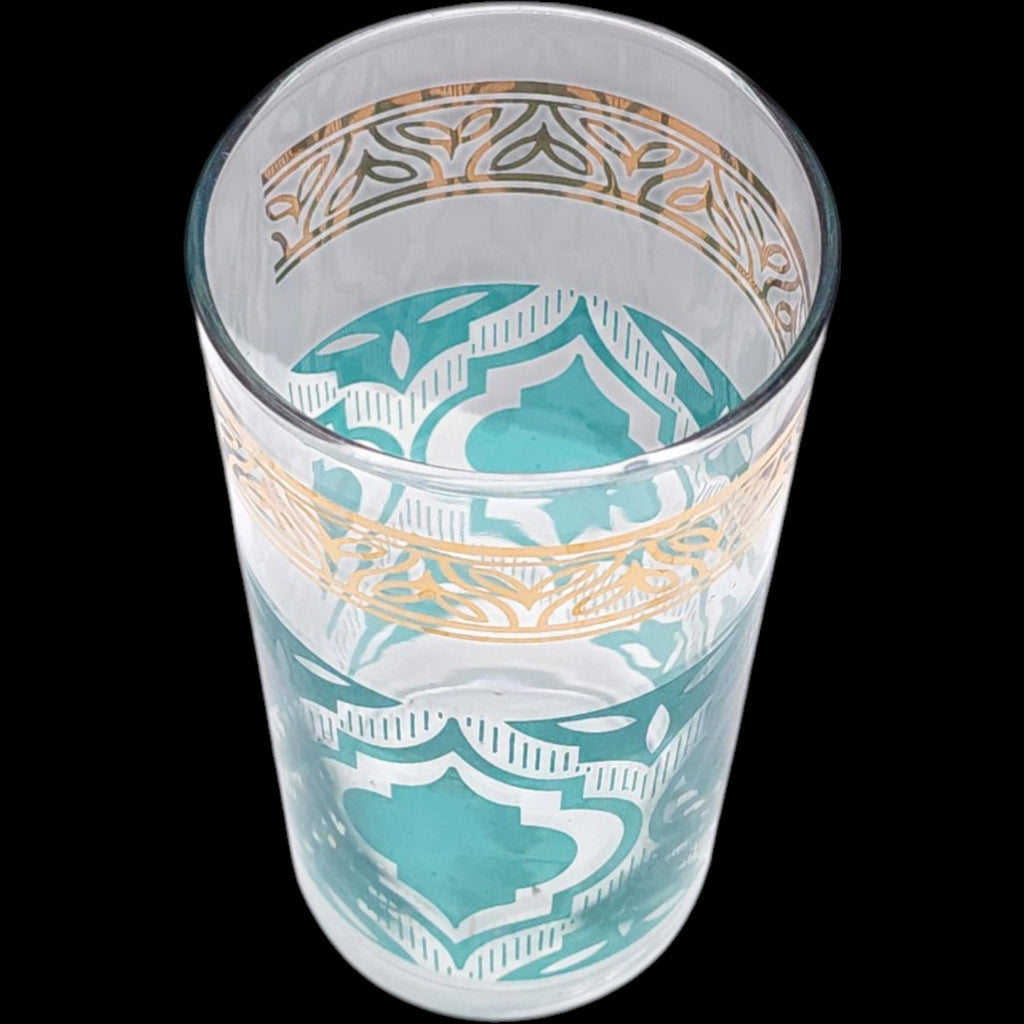 Vintage Mid-Century Aqua Teal & Gold Tumbler Glass Set of 8 with Caddy