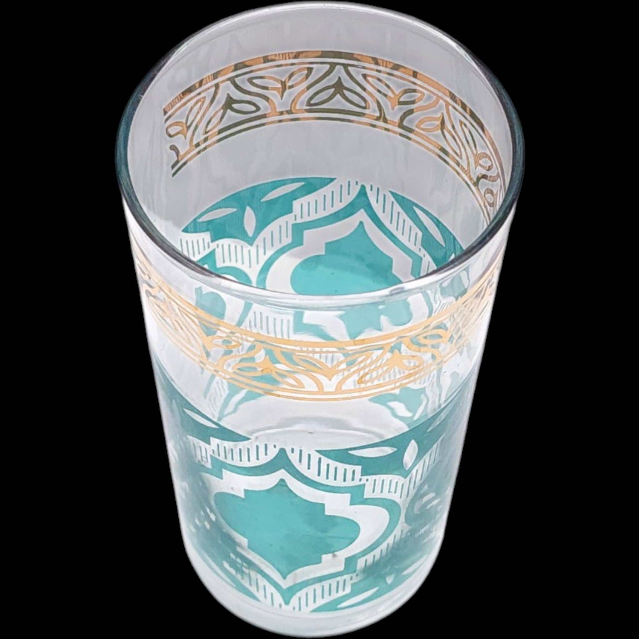 Vintage Mid-Century Aqua Teal & Gold Tumbler Glass Set of 8 with Caddy