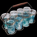 Vintage Mid-Century Aqua Teal & Gold Tumbler Glass Set of 8 with Caddy