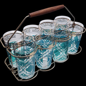 Vintage Mid-Century Aqua Teal & Gold Tumbler Glass Set of 8 with Caddy