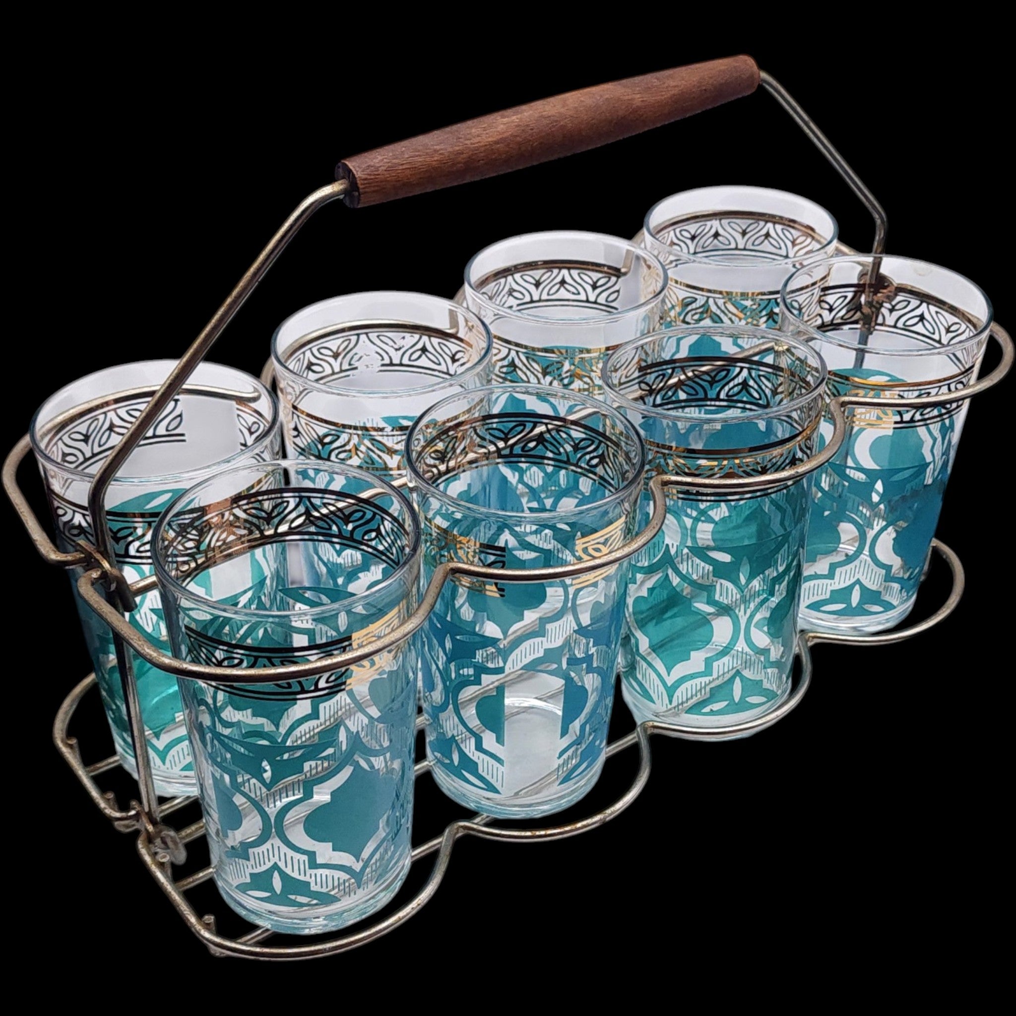 Vintage Mid-Century Aqua Teal & Gold Tumbler Glass Set of 8 with Caddy
