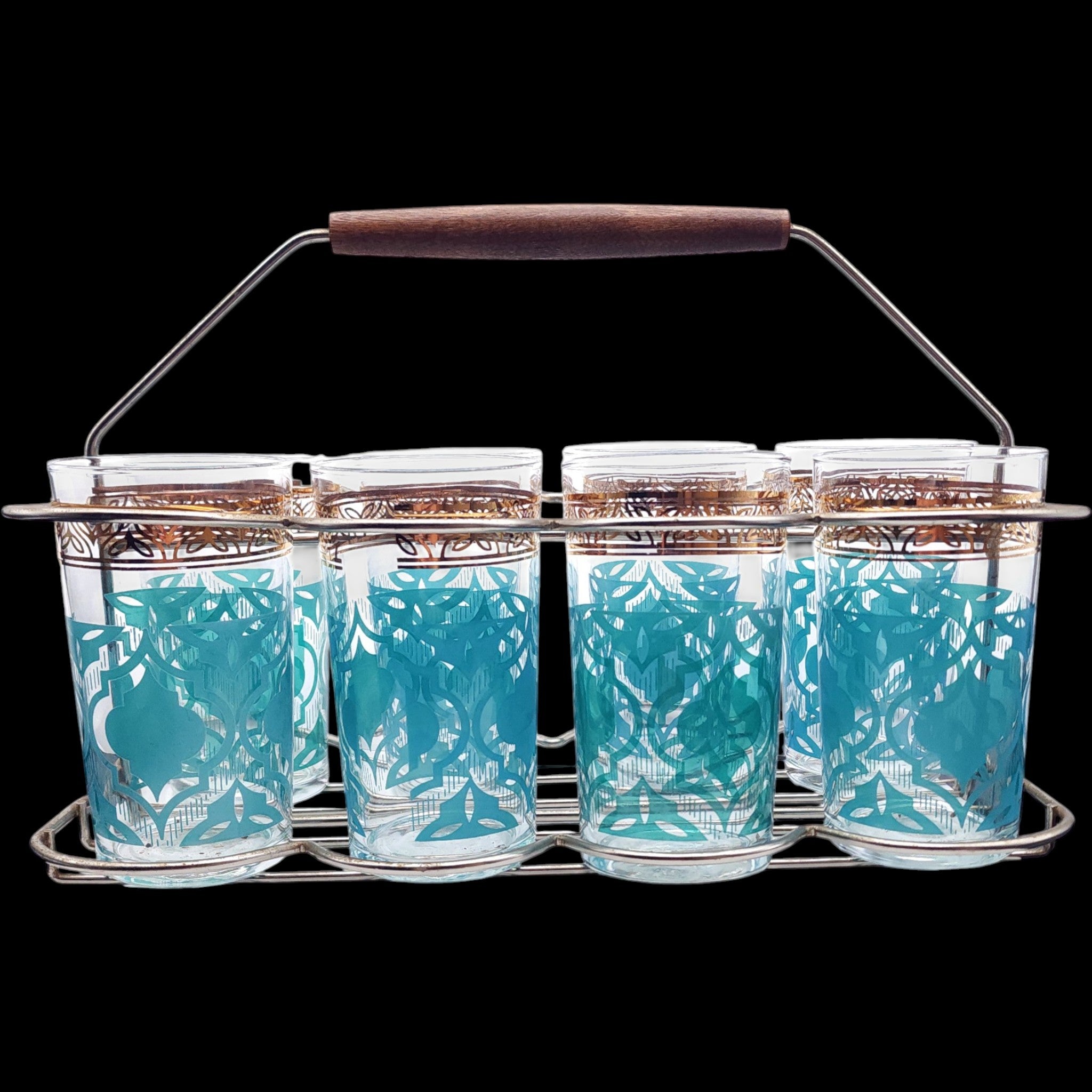 Vintage Mid-Century Aqua Teal & Gold Tumbler Glass Set of 8 with Caddy