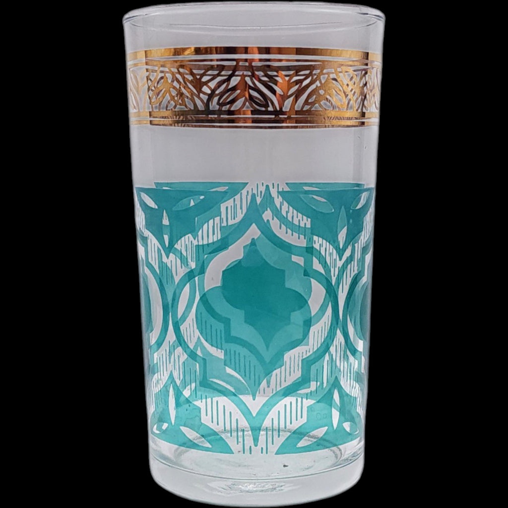 Vintage Mid-Century Aqua Teal & Gold Tumbler Glass Set of 8 with Caddy