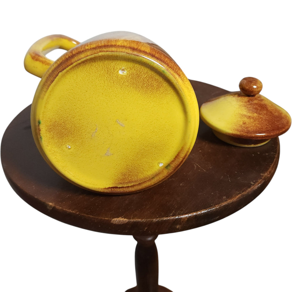Vintage Mid-Century Modern Yellow and Brown Drip Glaze Ceramic Coffee Pot with Lid