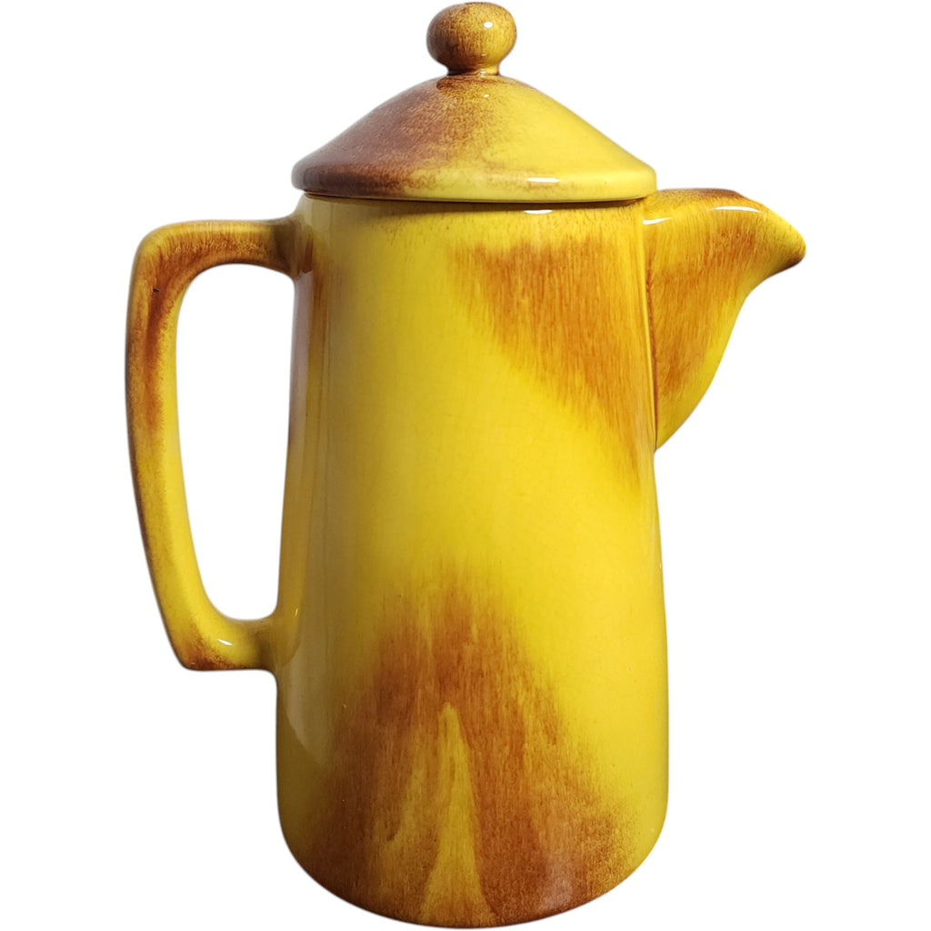 Vintage Mid-Century Modern Yellow and Brown Drip Glaze Ceramic Coffee Pot with Lid