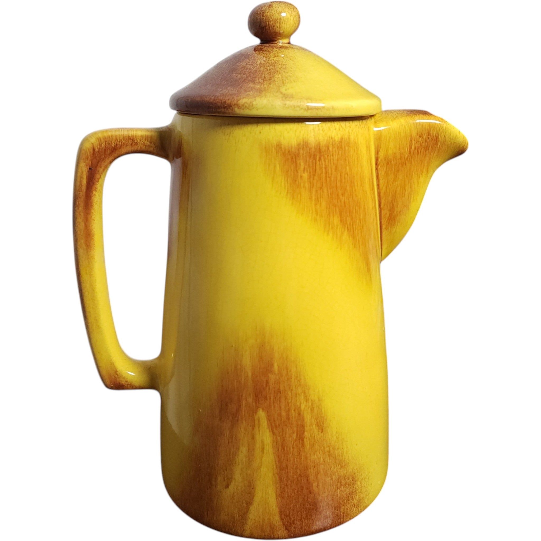 Vintage Mid-Century Modern Yellow and Brown Drip Glaze Ceramic Coffee Pot with Lid