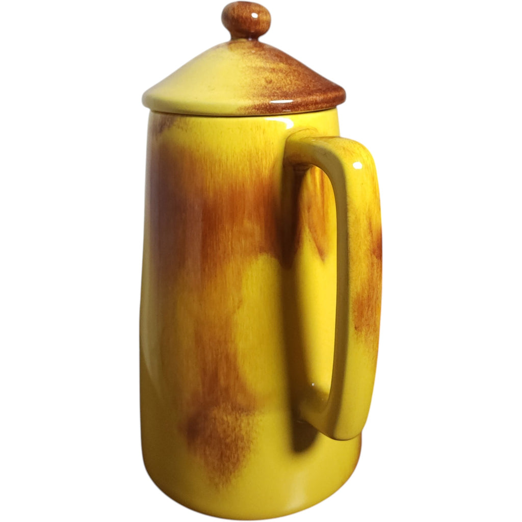 Vintage Mid-Century Modern Yellow and Brown Drip Glaze Ceramic Coffee Pot with Lid