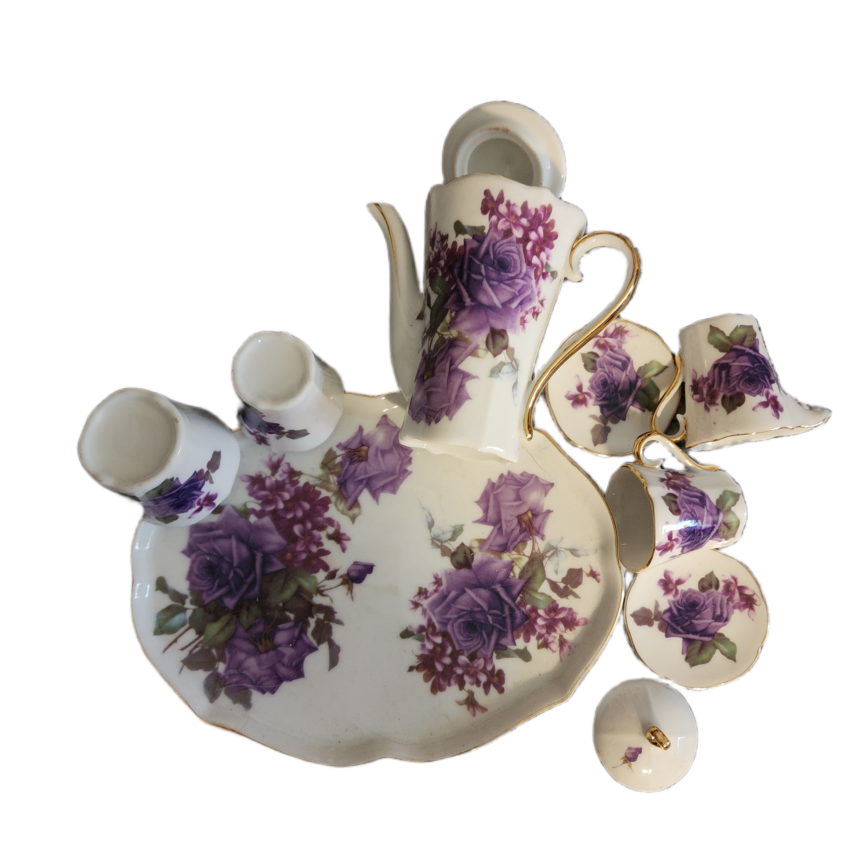 Vintage Miniature Purple Rose Porcelain Tea Set with Serving Tray