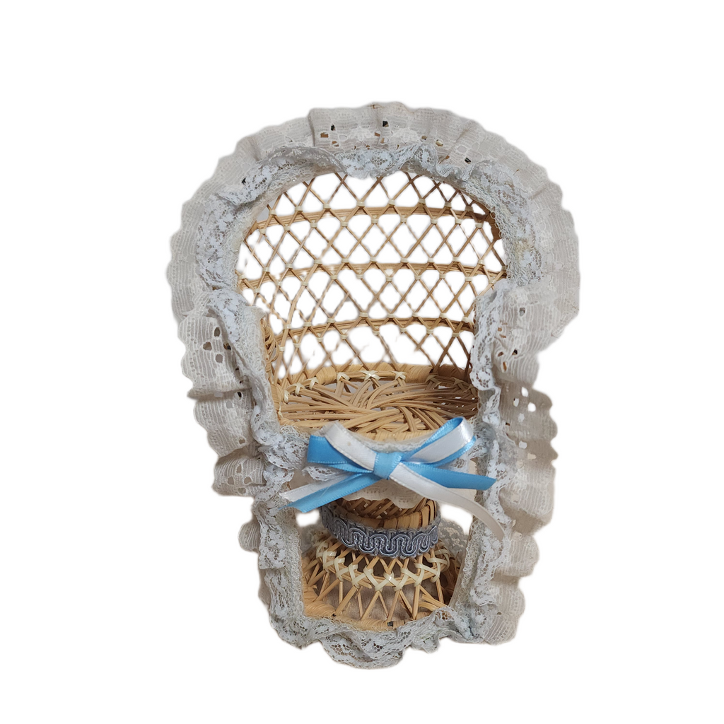 Vintage Miniature Wicker Peacock Doll Chair with Lace Trim
