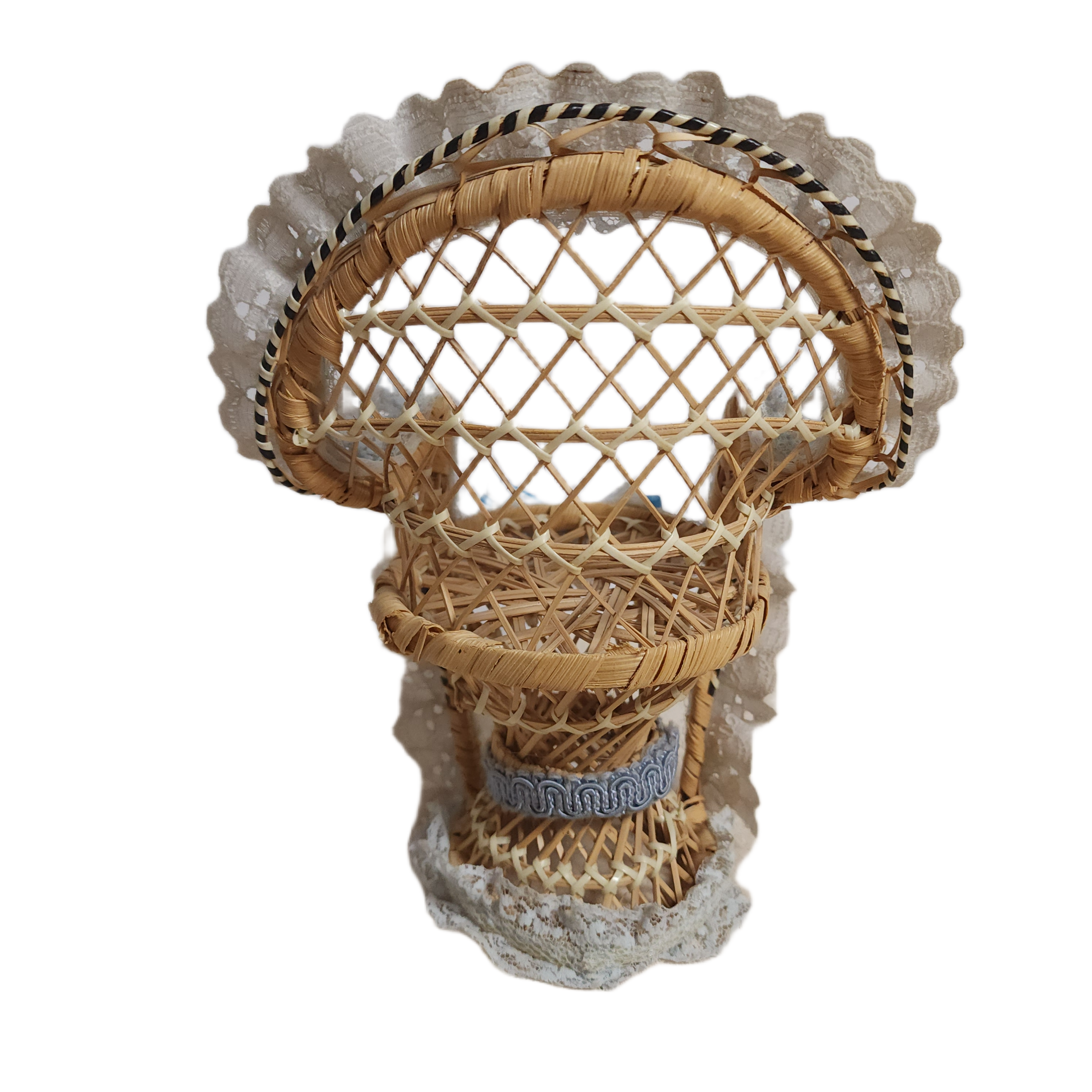 Vintage Miniature Wicker Peacock Doll Chair with Lace Trim