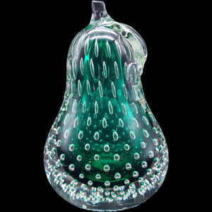 Vintage Murano Green Art Glass Pear Paperweight Controlled Bubble
