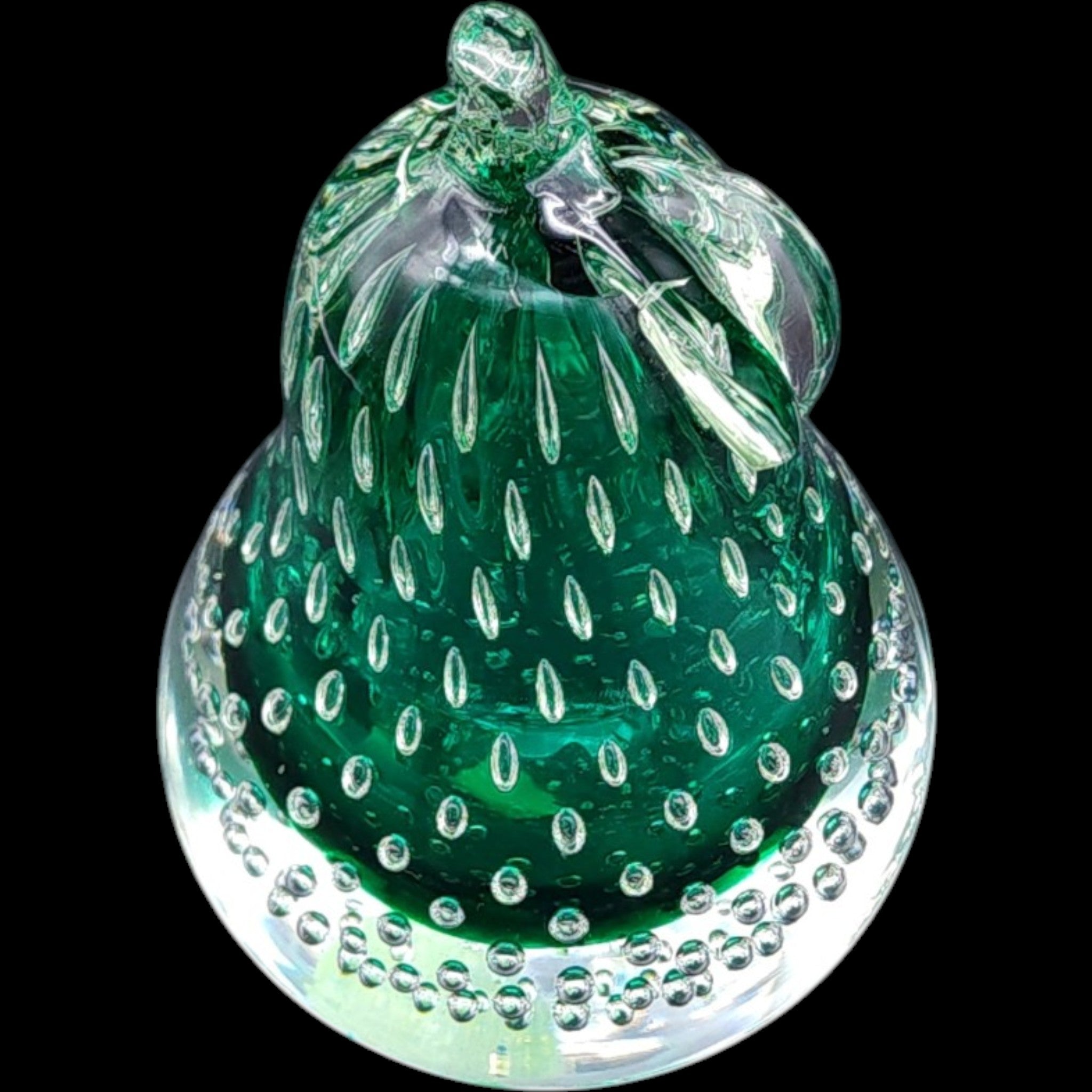 Vintage Murano Green Art Glass Pear Paperweight Controlled Bubble
