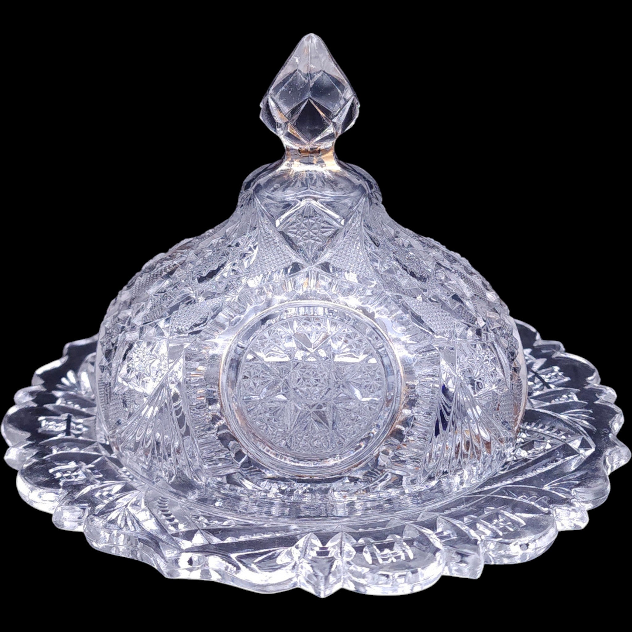 EAPG New Martinsville Fortuna Pattern Cut Glass Round Covered Butter Dish