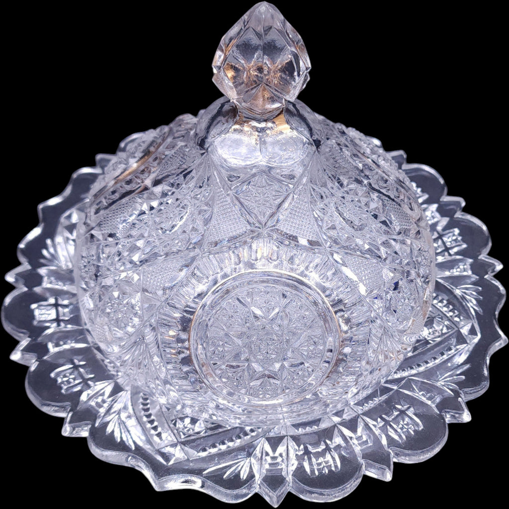 EAPG New Martinsville Fortuna Pattern Cut Glass Round Covered Butter Dish