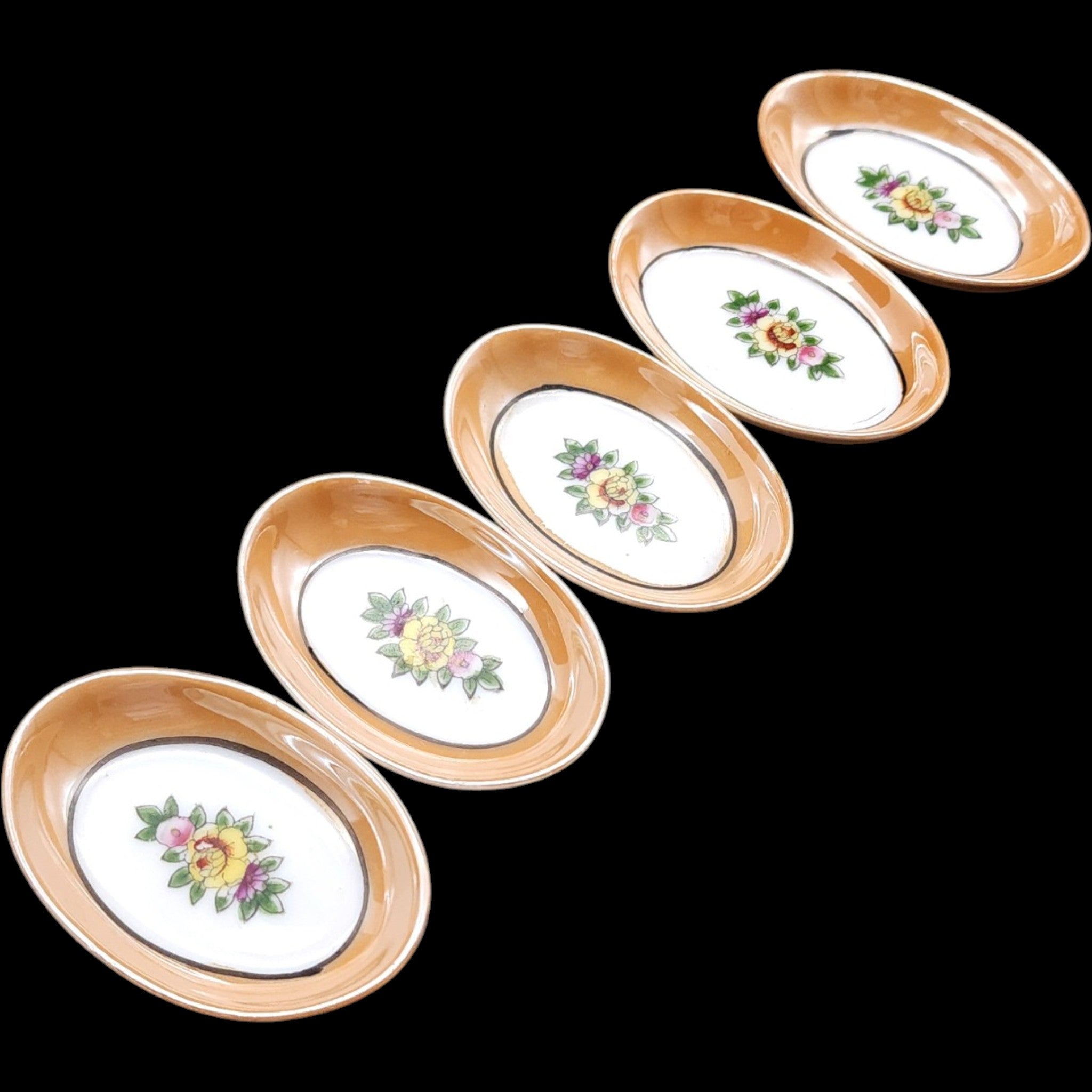 Vintage Noritake Lusterware Hand Painted Floral Oval Salt Dips Set of 5