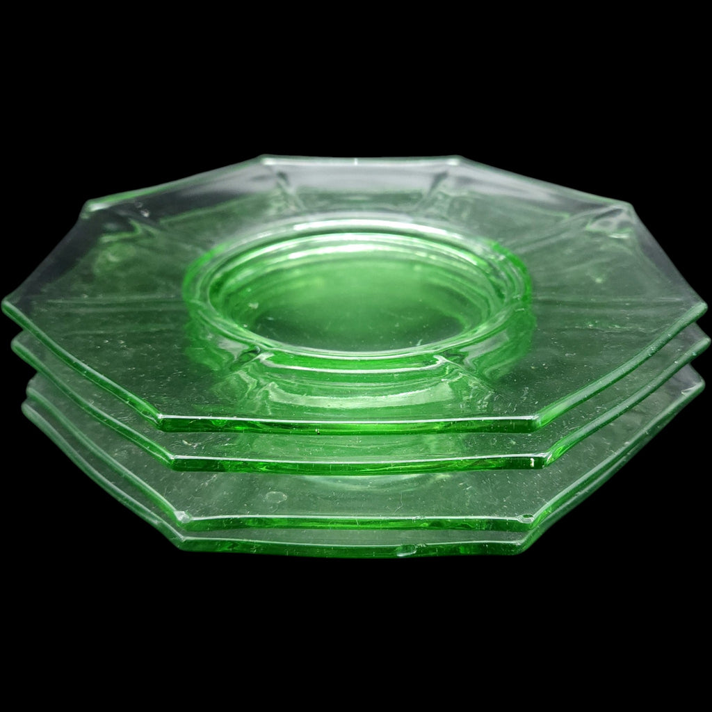 8" Vintage Octagonal Green Uranium Glass Salad Plates Set of 4