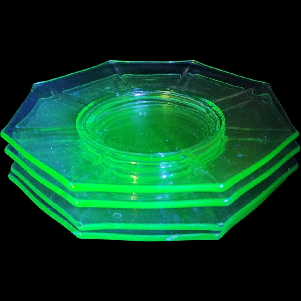 8" Vintage Octagonal Green Uranium Glass Salad Plates Set of 4