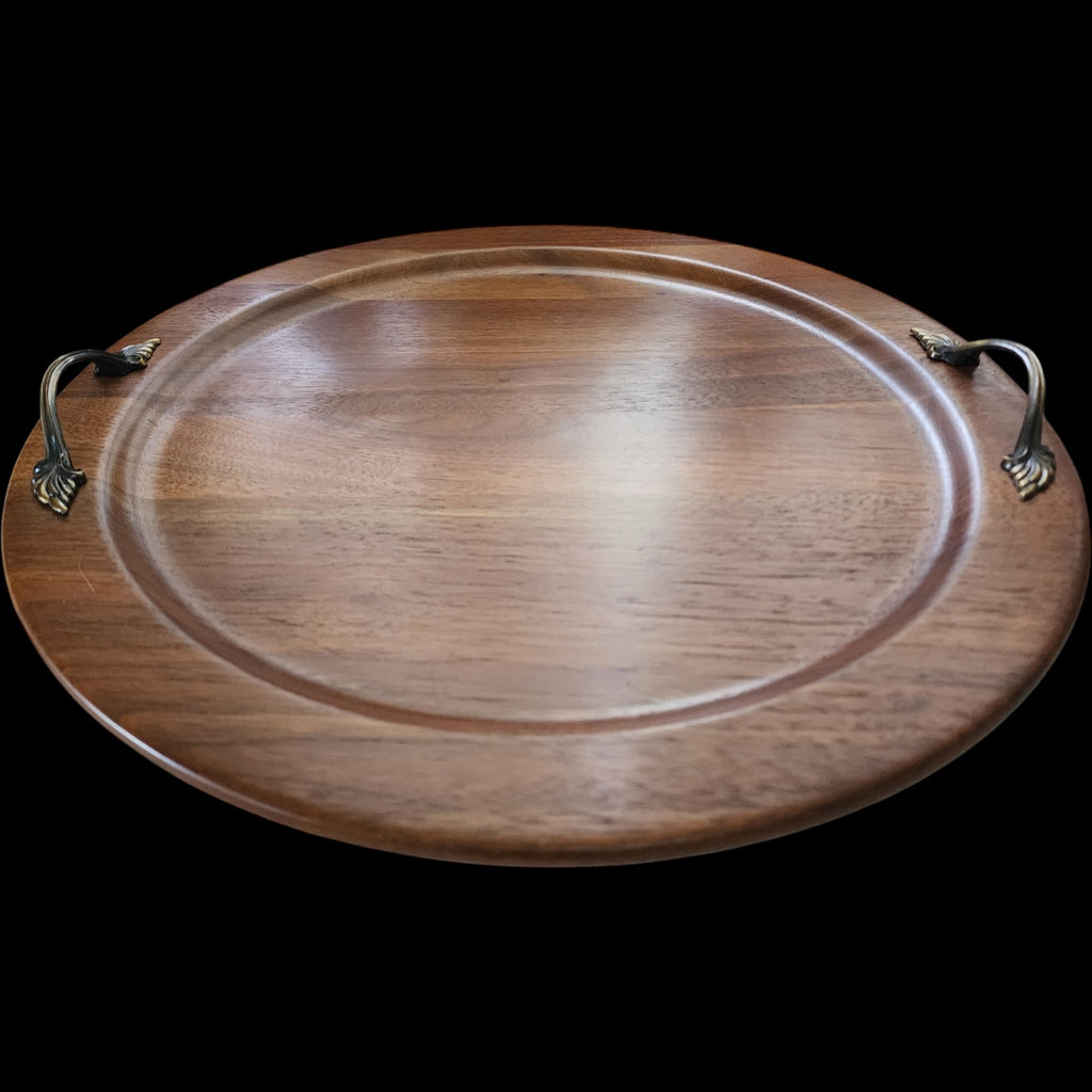 14" Vintage Ozark Walnutware Solid Walnut Round Serving Tray with Brass Handles