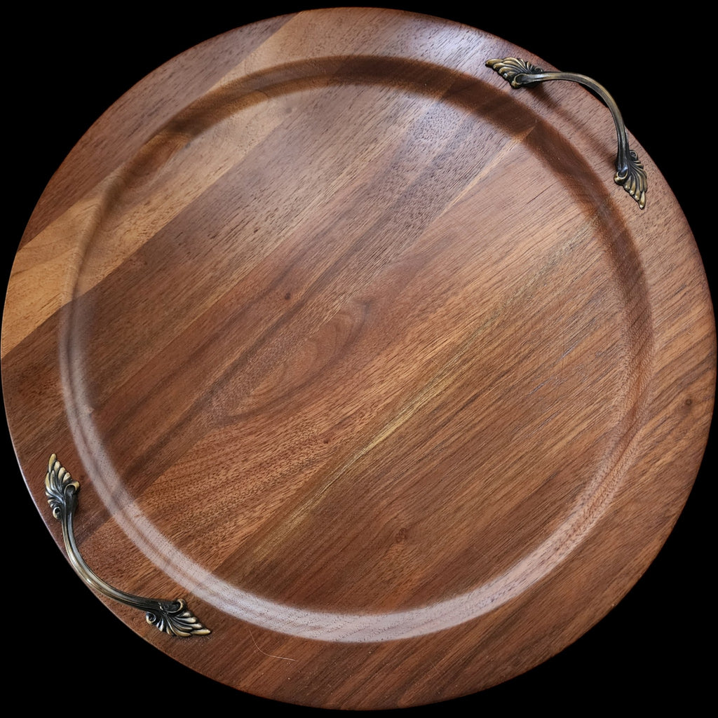 14" Vintage Ozark Walnutware Solid Walnut Round Serving Tray with Brass Handles