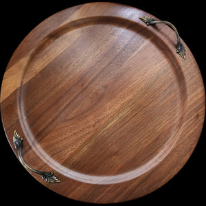 14" Vintage Ozark Walnutware Solid Walnut Round Serving Tray with Brass Handles