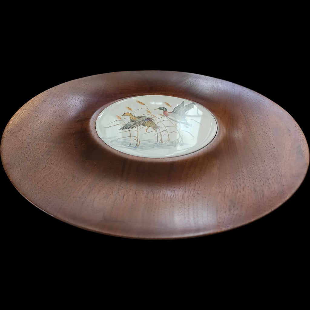 14" Vintage Ozark Walnutware Solid Walnut Tray with Mallard Duck Ceramic Tile