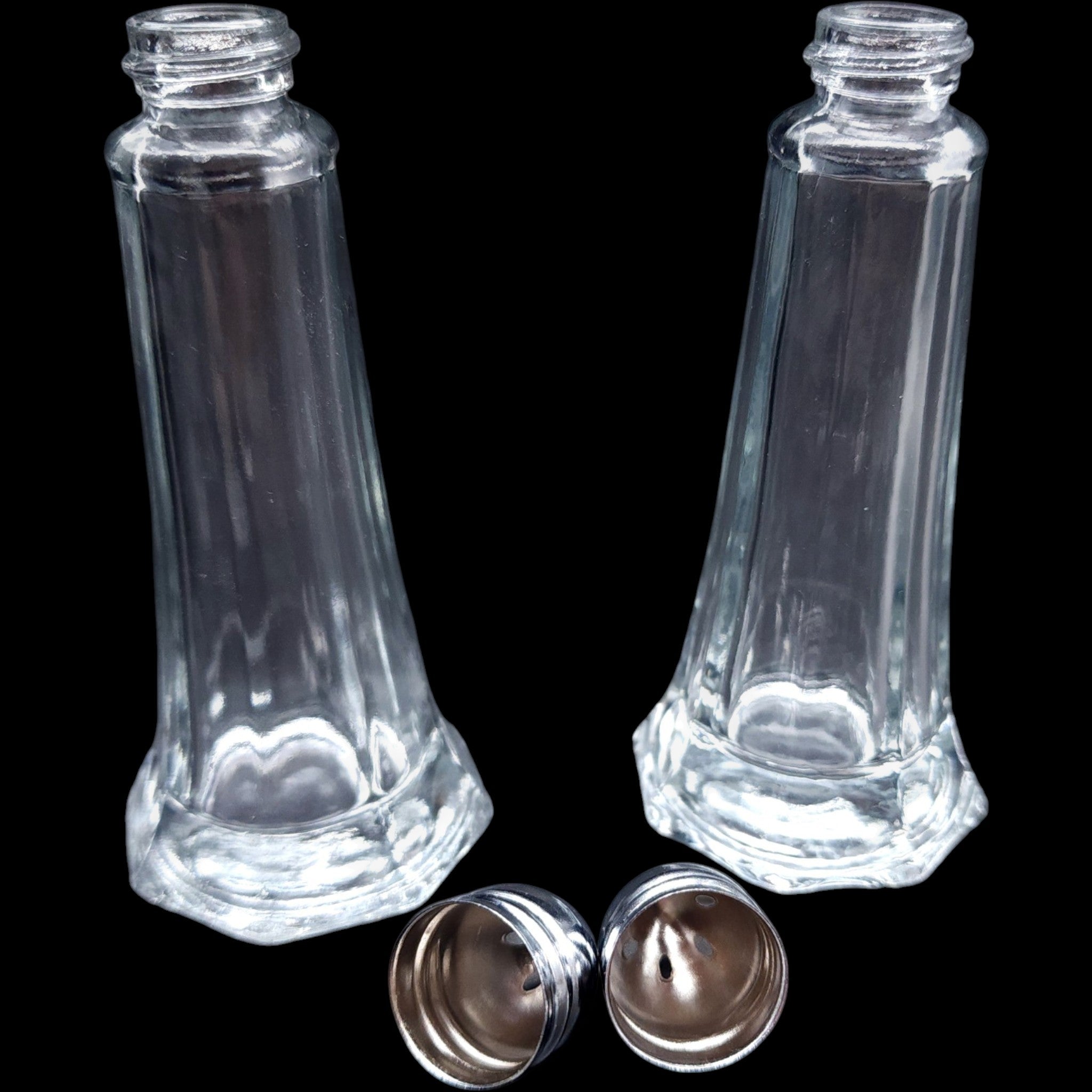 Vintage Paneled Clear Glass Salt and Pepper Shakers Set