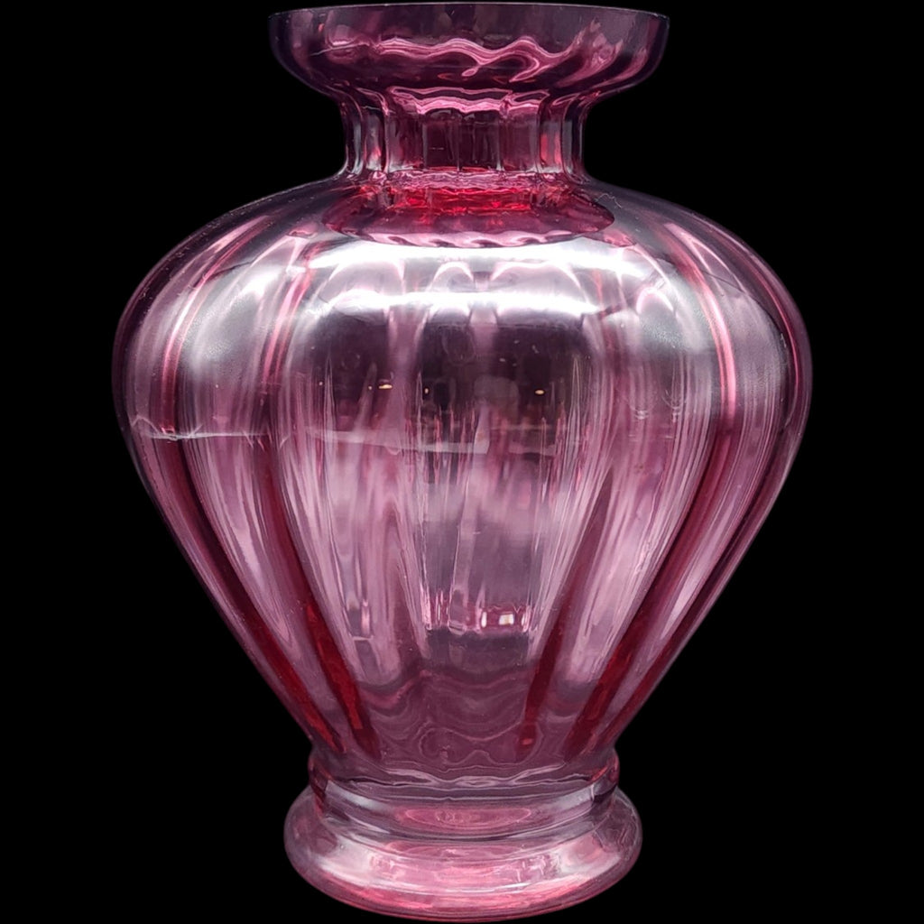 Vintage Pilgrim Glass Cranberry Ribbed Bulbous Flower Vase 6.5 Inch