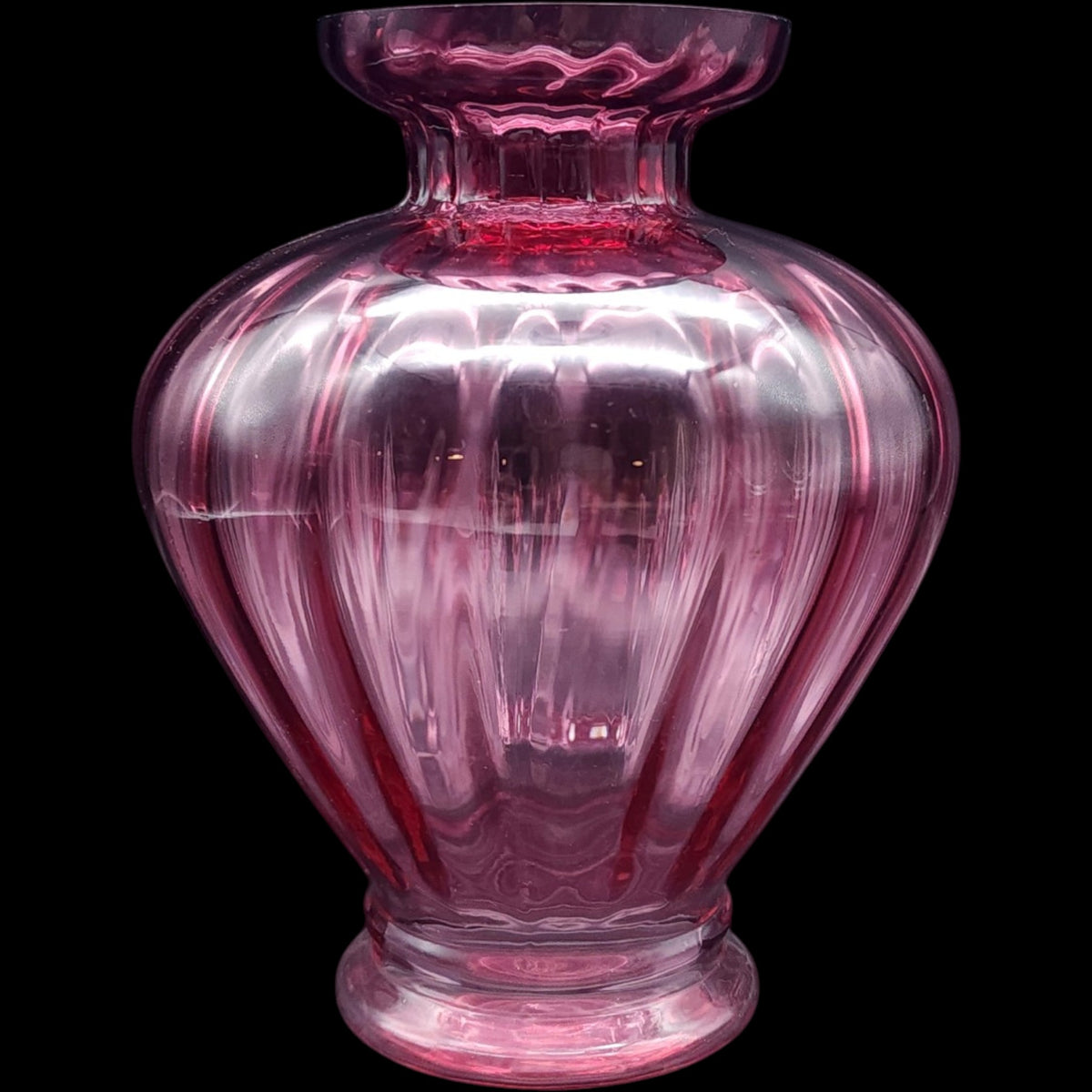 Vintage Pilgrim Glass Cranberry Ribbed Bulbous Flower Vase 6.5 Inch