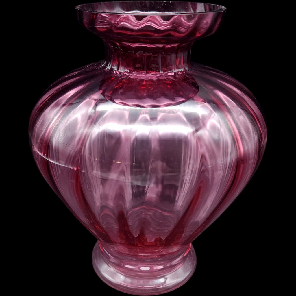 Vintage Pilgrim Glass Cranberry Ribbed Bulbous Flower Vase 6.5 Inch