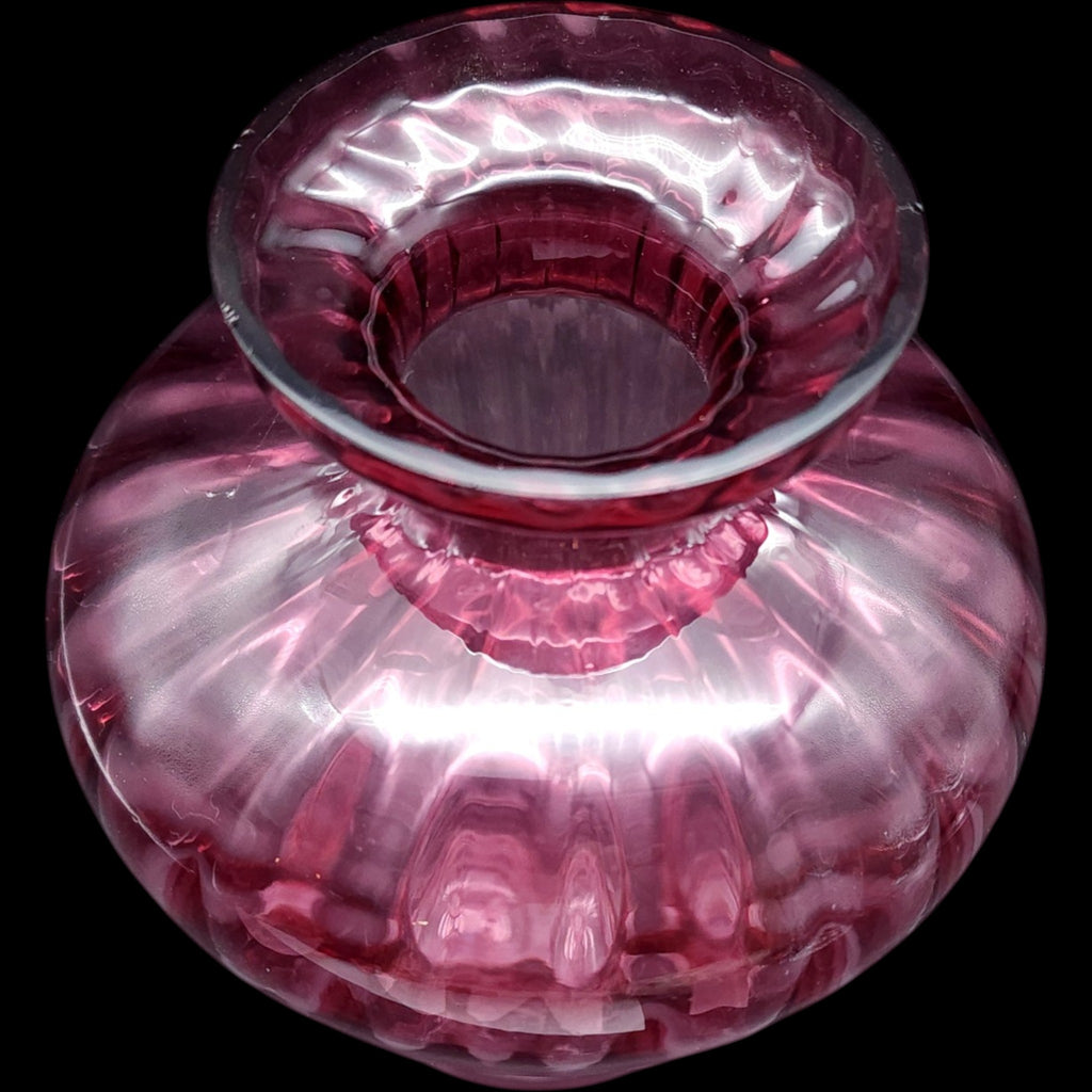 Vintage Pilgrim Glass Cranberry Ribbed Bulbous Flower Vase 6.5 Inch